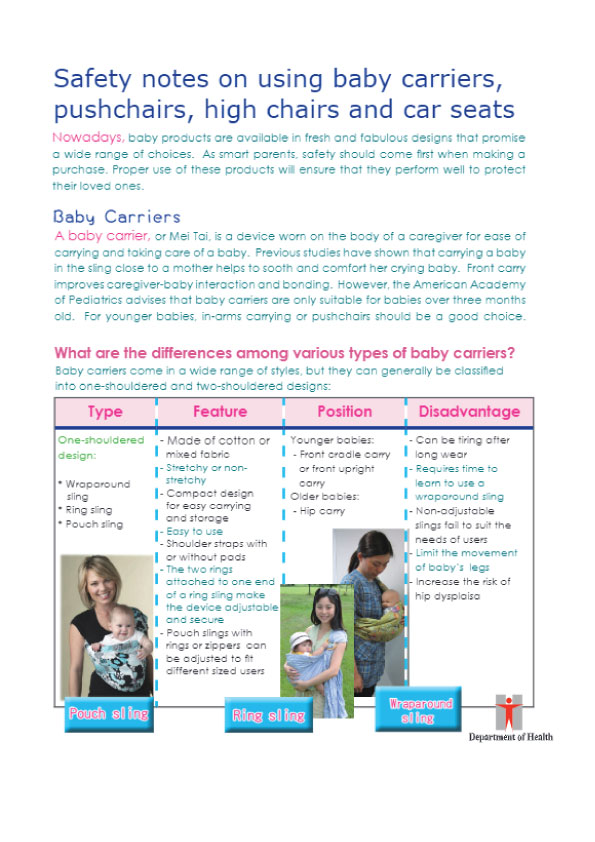 Safety notes on using baby carriers, pushchairs, high chairs and car seats